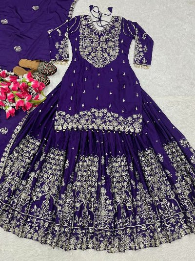 Purple Chinon Silk Zari Work Kurti Skirt With Dupatta - BONYHUBSALWAR KAMEEZ