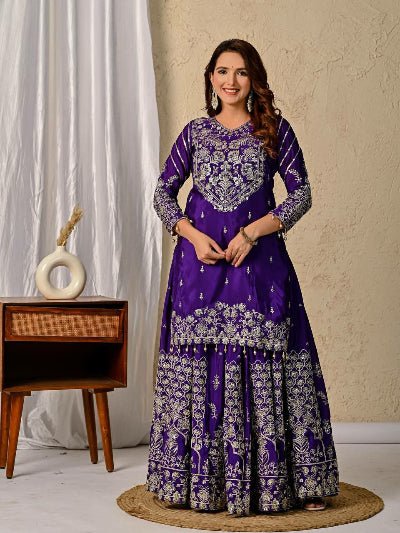 Purple Chinon Silk Zari Work Kurti Skirt With Dupatta - BONYHUBSALWAR KAMEEZ