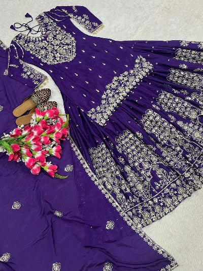 Purple Chinon Silk Zari Work Kurti Skirt With Dupatta - BONYHUBSALWAR KAMEEZ