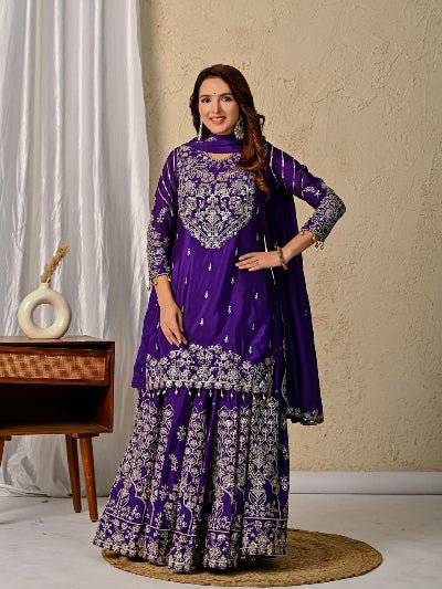 Purple Chinon Silk Zari Work Kurti Skirt With Dupatta - BONYHUBSALWAR KAMEEZ