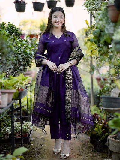 Purple Cotton Handwoven Jamdani Straight Suit Set - BONYHUBSALWAR KAMEEZ