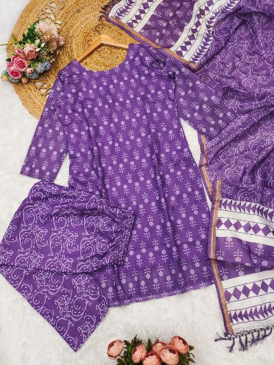 Purple Cotton Straight Salwar Suit Set - BONYHUBSALWAR KAMEEZ