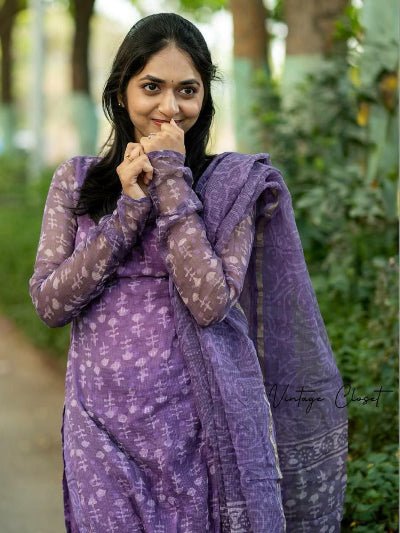 Purple Cotton Straight Salwar Suit Set - BONYHUBSALWAR KAMEEZ