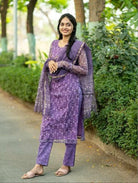 Purple Cotton Straight Salwar Suit Set - BONYHUBSALWAR KAMEEZ