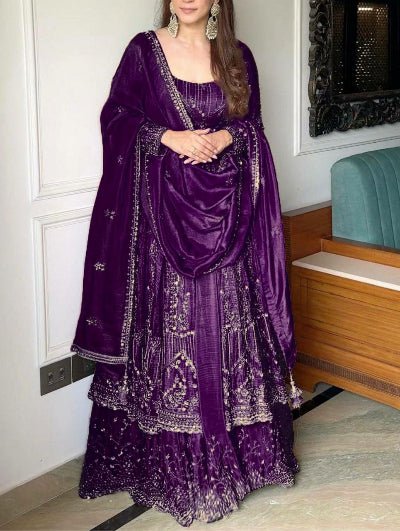 Purple Crunchy Silk Embroidered Anarkali Suit - BONYHUBSALWAR KAMEEZ