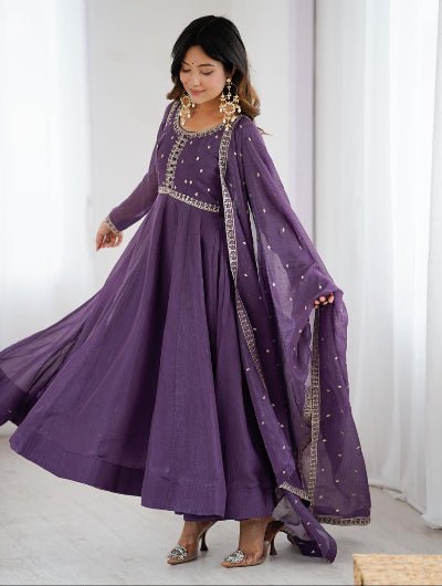 Purple Crunchy Silk Embroidered Zari Anarkali Suit - BONYHUBSALWAR KAMEEZ