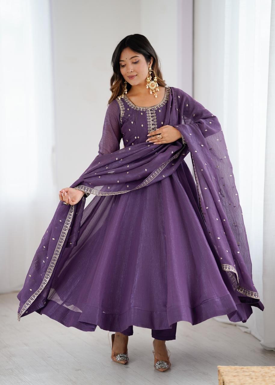 Purple Crunchy Silk Embroidered Zari Anarkali Suit - BONYHUBSALWAR KAMEEZ
