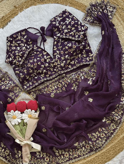 Purple Designer Sari Free Stitched Blouse Readytowear - BONYHUBSAREE