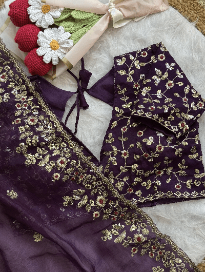 Purple Designer Sari Free Stitched Blouse Readytowear - BONYHUBSAREE