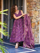 Purple Digital Printed Cotton Flair Anarkali Suit Set - BONYHUBSALWAR KAMEEZ