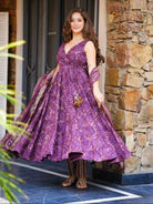 Purple Digital Printed Cotton Flair Anarkali Suit Set - BONYHUBSALWAR KAMEEZ