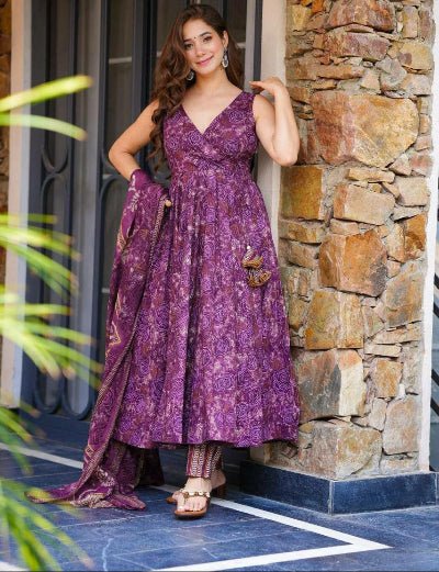 Purple Digital Printed Cotton Flair Anarkali Suit Set - BONYHUBSALWAR KAMEEZ