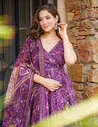 Purple Digital Printed Cotton Flair Anarkali Suit Set - BONYHUBSALWAR KAMEEZ