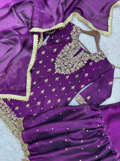 Purple Embroidered Tissue Silk Gharara Suit Set for Women - BONYHUBSALWAR KAMEEZ