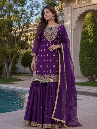 Purple Embroidered Tissue Silk Gharara Suit Set for Women - BONYHUBSALWAR KAMEEZ