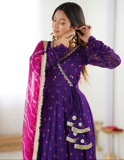 Purple Georgette Anarkali Suit Pink Leheriya Dupatta - BONYHUBSALWAR KAMEEZ