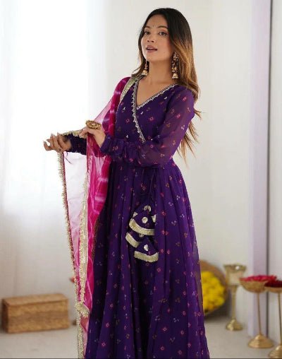 Purple Georgette Anarkali Suit Pink Leheriya Dupatta - BONYHUBSALWAR KAMEEZ