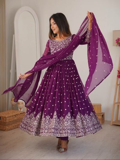Purple Georgette Embroidery with Sequins Anarkali Suit Set - BONYHUBSALWAR KAMEEZ