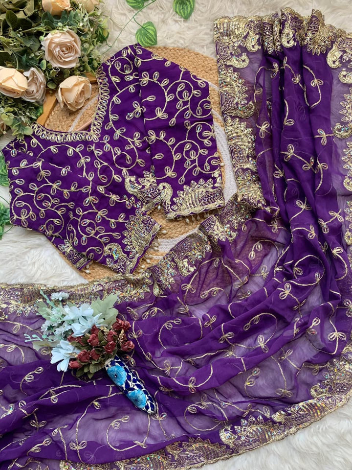 Purple Georgette Gold Embroidered Ready to wear Saree with Stitched Blouse - BONYHUBSAREE