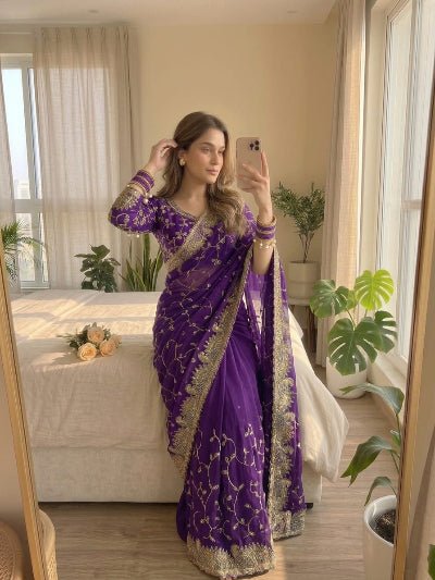 Purple Georgette Gold Embroidered Ready to wear Saree with Stitched Blouse - BONYHUBSAREE