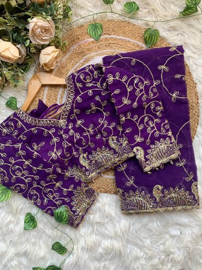 Purple Georgette Gold Embroidered Ready to wear Saree with Stitched Blouse - BONYHUBSAREE
