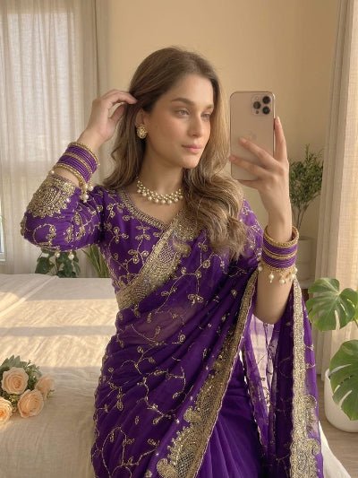 Purple Georgette Gold Embroidered Ready to wear Saree with Stitched Blouse - BONYHUBSAREE
