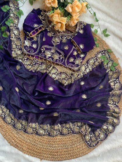 Purple Gold Embroidered Ready to Wear Saree with Stitched Blouse - BONYHUBSAREE
