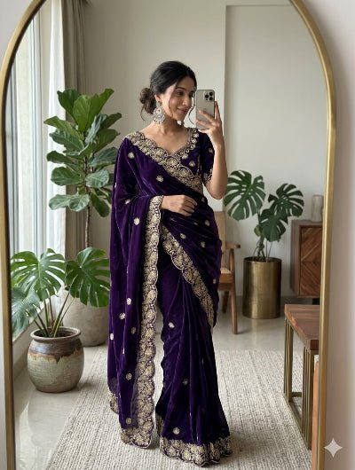 Purple Gold Embroidered Ready to Wear Saree with Stitched Blouse - BONYHUBSAREE