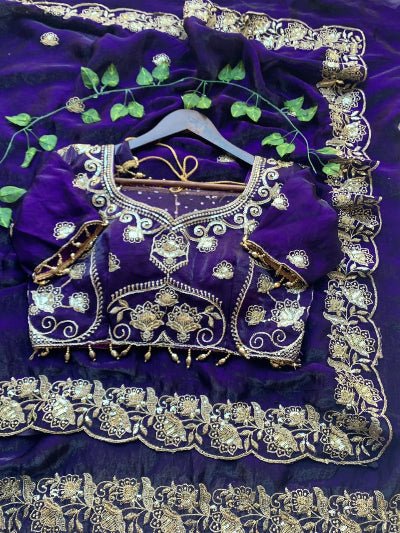 Purple Gold Embroidered Ready to Wear Saree with Stitched Blouse - BONYHUBSAREE