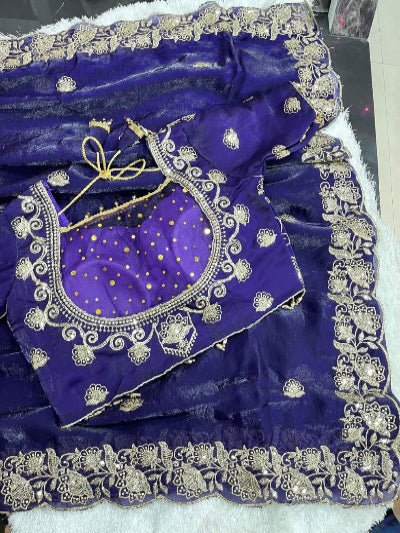 Purple Gold Embroidered Ready to Wear Saree with Stitched Blouse - BONYHUBSAREE