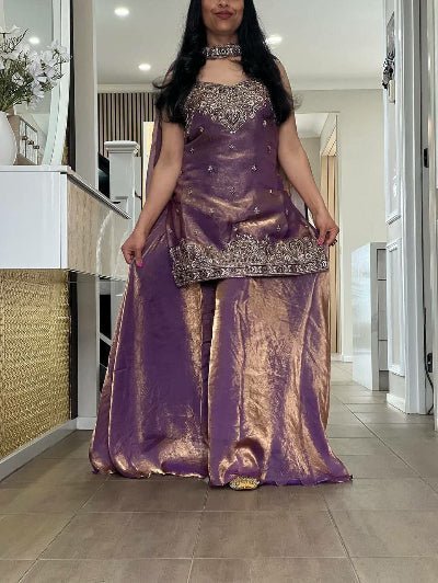 Purple Gold Embroidery Zari Work Sharara Suit - BONYHUBSALWAR KAMEEZ