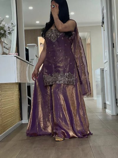 Purple Gold Embroidery Zari Work Sharara Suit - BONYHUBSALWAR KAMEEZ