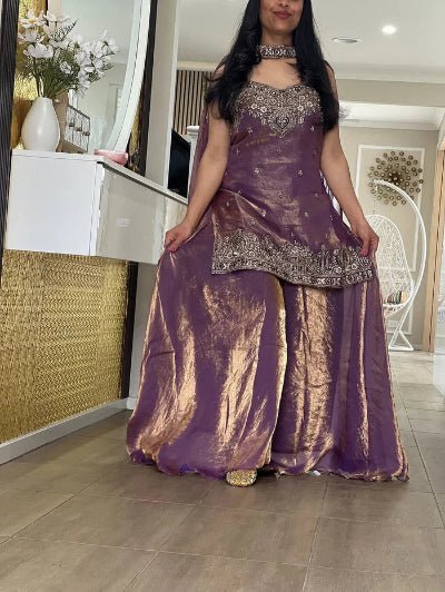 Purple Gold Embroidery Zari Work Sharara Suit - BONYHUBSALWAR KAMEEZ