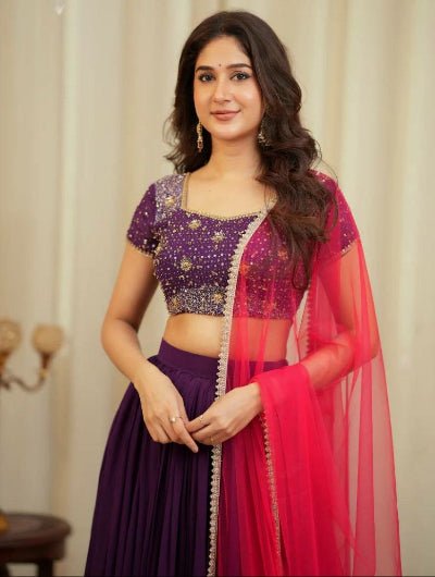 Purple Magenta Shaded Georgette Lehenga Choli Set - BONYHUBSALWAR KAMEEZ