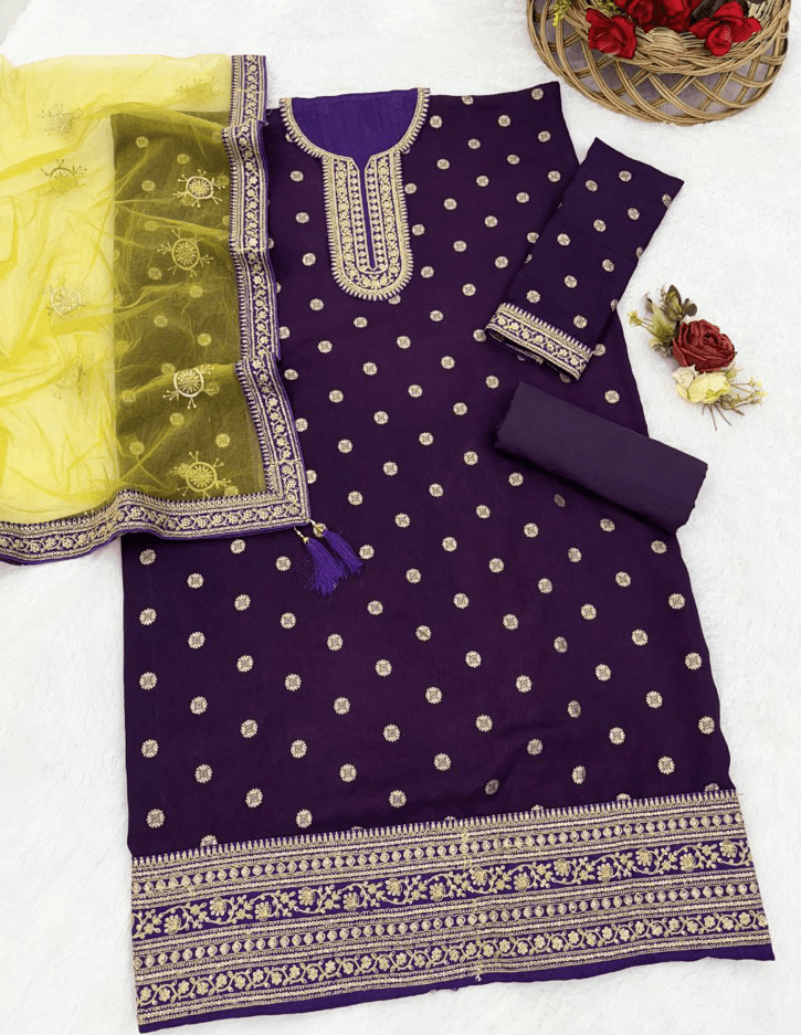 Purple Plus Size Jacquard Embroidered Punjabi Suit Set - BONYHUBSALWAR KAMEEZ