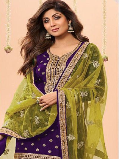 Purple Plus Size Jacquard Embroidered Punjabi Suit Set - BONYHUBSALWAR KAMEEZ