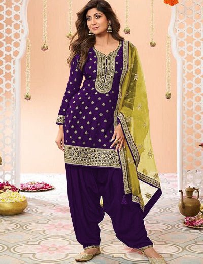 Purple Plus Size Jacquard Embroidered Punjabi Suit Set - BONYHUBSALWAR KAMEEZ