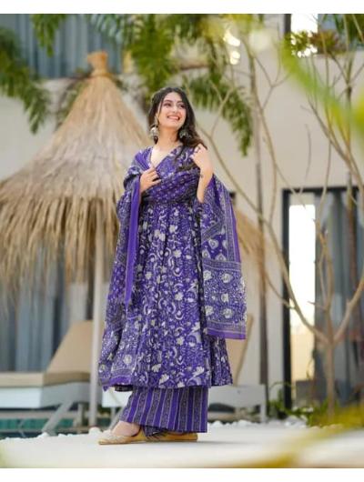 Purple Printed Cotton Anarkali Suit (Set of 3) - BONYHUBSALWAR KAMEEZ