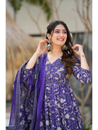Purple Printed Cotton Anarkali Suit (Set of 3) - BONYHUBSALWAR KAMEEZ