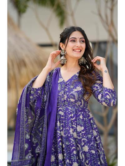 Purple Printed Cotton Anarkali Suit (Set of 3) - BONYHUBSALWAR KAMEEZ