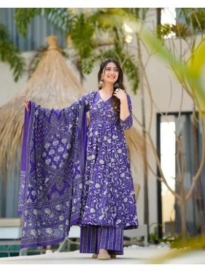 Purple Printed Cotton Anarkali Suit (Set of 3) - BONYHUBSALWAR KAMEEZ