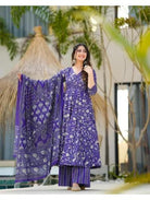Purple Printed Cotton Anarkali Suit (Set of 3) - BONYHUBSALWAR KAMEEZ