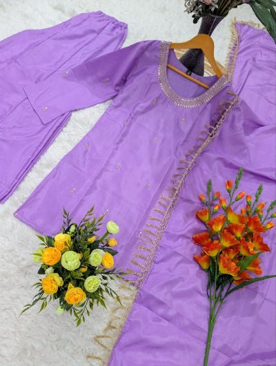 Purple Silk Crepe Embroidered Sharara Suit Set - BONYHUBSALWAR KAMEEZ