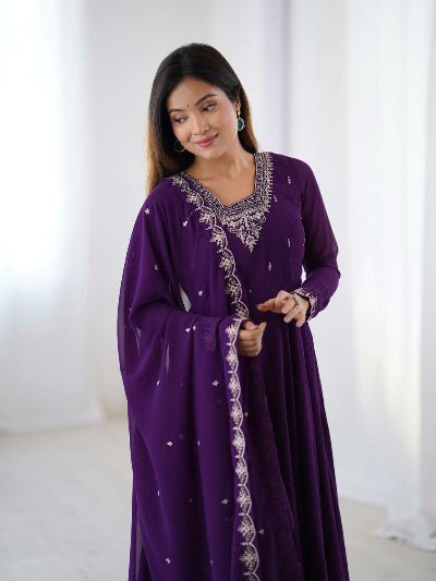 Purple Soft Georgette Embroidered Anarkali Suit Set - BONYHUBSALWAR KAMEEZ