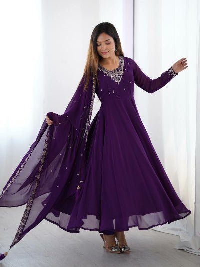 Purple Soft Georgette Embroidered Anarkali Suit Set - BONYHUBSALWAR KAMEEZ