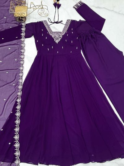 Purple Soft Georgette Embroidered Anarkali Suit Set - BONYHUBSALWAR KAMEEZ