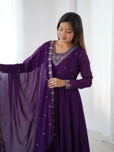 Purple Soft Georgette Embroidered Anarkali Suit Set - BONYHUBSALWAR KAMEEZ