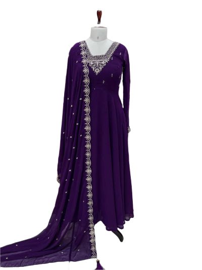 Purple Soft Georgette Embroidered Anarkali Suit Set - BONYHUBSALWAR KAMEEZ