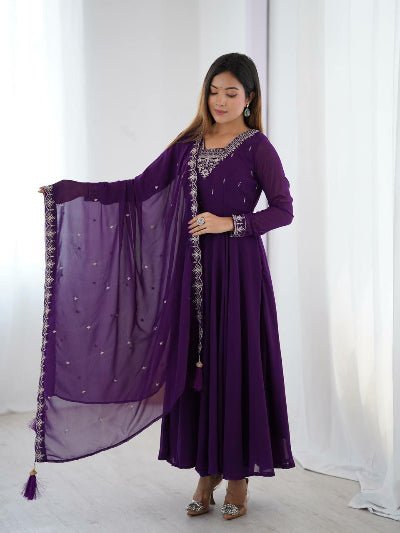 Purple Soft Georgette Embroidered Anarkali Suit Set - BONYHUBSALWAR KAMEEZ