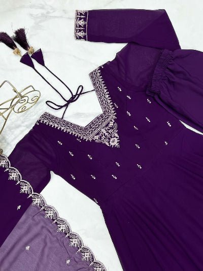 Purple Soft Georgette Embroidered Anarkali Suit Set - BONYHUBSALWAR KAMEEZ